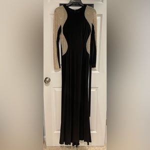 Xscape long formal black and tan bodycon illusion rhinestone dress, size 4